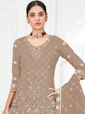 Rajwada Beige Georgette Embellished Semi-Stitched Kurta Set For Women