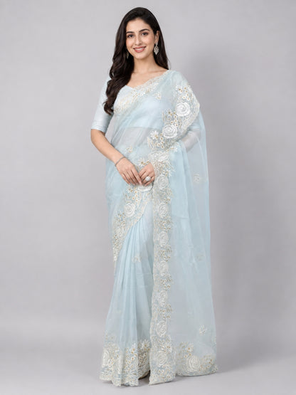 Sky Blue Net Embroidered Saree