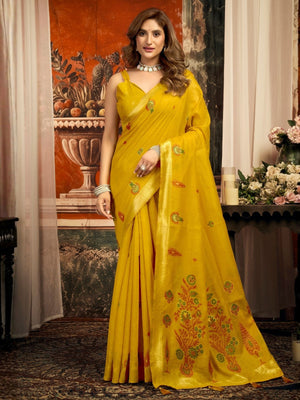Rajwada Mustard Yellow Cotton Blend Solid Saree For Women