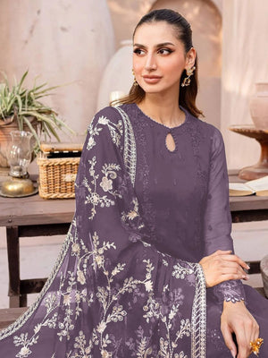 Rajwada Purple Georgette Embroidered Semi-Stitched Kurta Set For Women