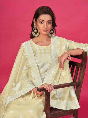 Rajwada Lime Organza Embroidered Semi-Stitched Kurta Set For Women