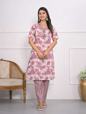 Rajwada Off White And Pink Chanderi Embroidered And Printed Stitched Kurta Set Without Dupatta For Women