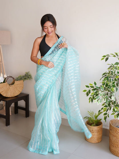 Rajwada Light Blue Organza Lace Work Saree With Unstitched Blouse For Women