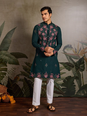 Rajwada Green Silk Blend Embroidered Stitched Kurta For Men