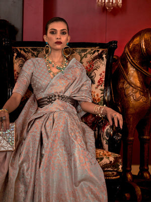 Rajwada Grey Silk Blend Woven Saree With Unstitched Blouse For Women