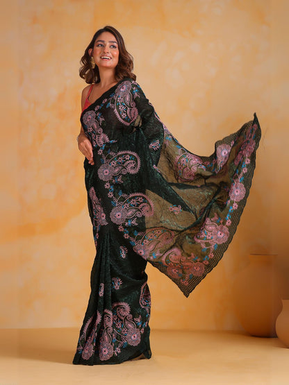 Rajwada Black Silk Blend Embroidered Saree With Unstitched Blouse For Women