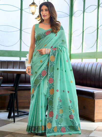 Rajwada Aqua Green Linen Blend Solid Saree For Women