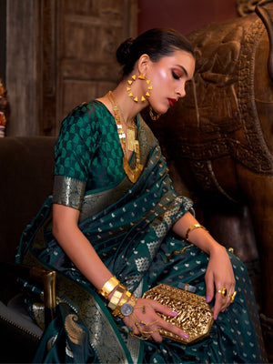 Rajwada Dark Green Satin Woven Saree With Unstitched Blouse For Women
