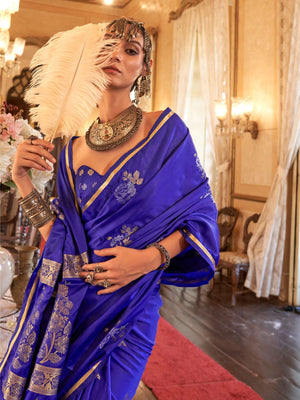 Rajwada Royal Blue Silk Blend Woven Saree With Unstitched Blouse For Women