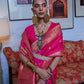 Rajwada Pink Silk Blend Woven Saree With Unstitched Blouse for Women