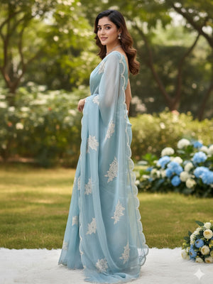 Rajwada Sky Blue Organza Embroidered And Cutwork Solid Saree For Women