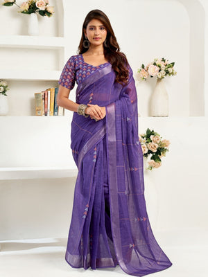 Rajwada Violet Cotton Linen Zari Work Saree For Women