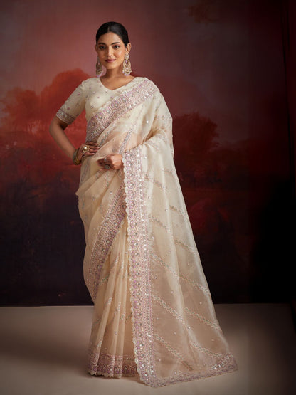 Rajwada Cream Soft Net Embellished Saree For Women