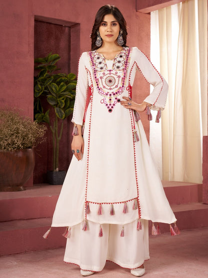 Rajwada Offwhite Rayon Embroidered Stitched Kurta Set For Women