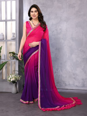 Rajwada Pink And Blue Georgette Lace Work Saree With Unstitched Blouse For Women