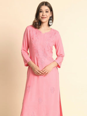 Rajwada Pink Rayon Embroidered Kurti For Women