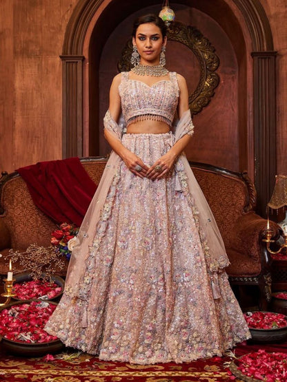Rajwada Light Lavender Georgette Embroidered Semi Stitched Lehenga For Women