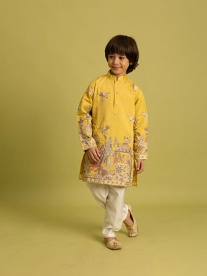 Rajwada Yellow Viscose Silk Embroidered Kurta Set For Kids