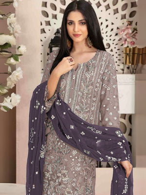 Rajwada Purple Georgette Embroidered Semi-Stitched Kurta Set For Women