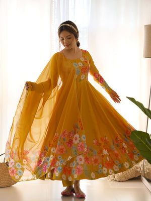 Rajwada Yellow Georgette Printed Stitched Kurta Set For Women