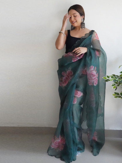 Rajwada Dark Green Organza Printed Saree With Unstitched Blouse For Women