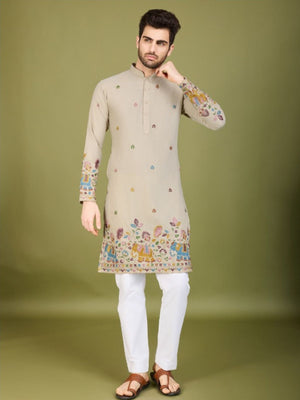 Rajwada Beige Cotton Embroidered Stitched Kurta For Men
