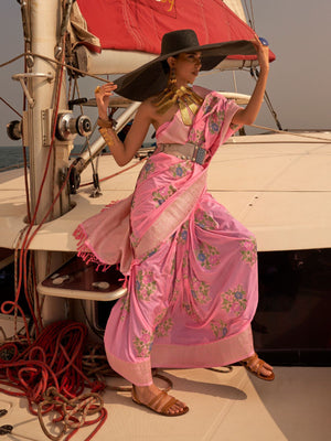 Rajwada Pink Chinon Woven Saree With Unstitched Blouse for Women