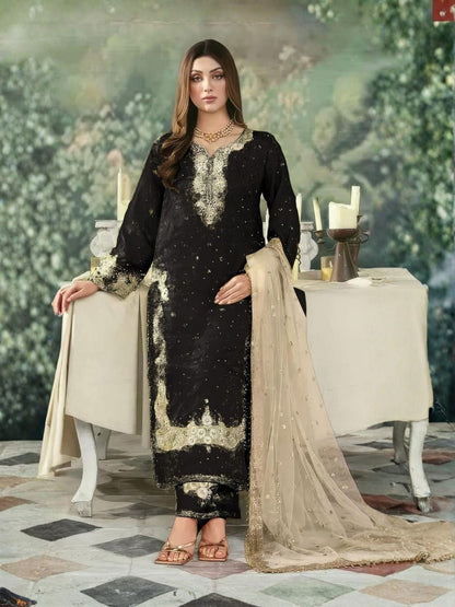 Rajwada Black Silk Blend Embellished Semi Stitched Kurta Set For Women