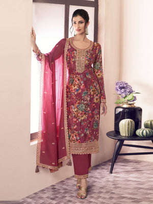 Rajwada Pink Chiffon Printed And Embroidered Semi Stitched Kurta Set For Women