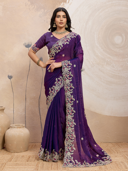 Rajwada Purple Chiffon Embroidered Saree For Women