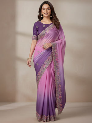 Rajwada Pink And Purple Georgette Embellished Solid Saree For Women