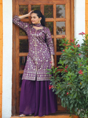 Rajwada Purple Chinon Sequence Embroidery Stitched Kurta Set Women