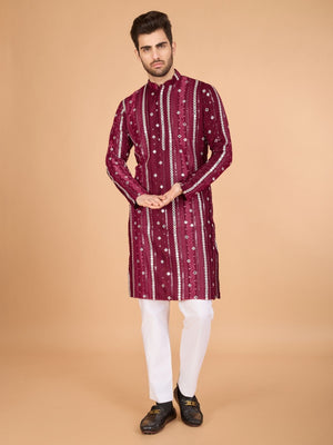 Rajwada Maroon Viscose Rayon Embroidered Stitched Kurta For Men