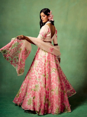Rajwada Pink Silk Blend Floral Print Semi Stitched Lehenga For Women