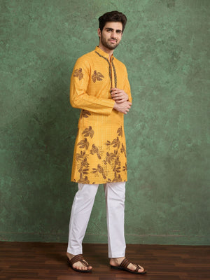 Rajwada Mustard Rayon Printed and Embroidered Stitched Kurta For Men