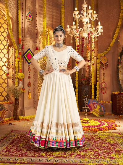 Rajwada Off White Viscose Rayon Embroidered Semi-Stitched lehenga With Stunning Tassels For Women