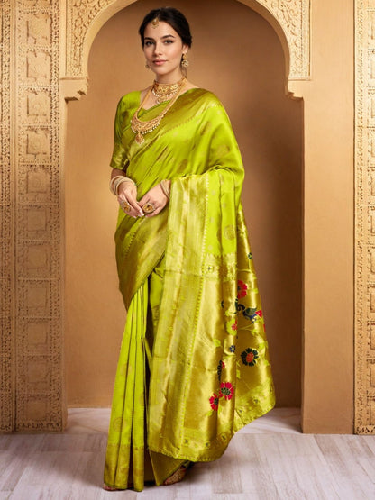 Rajwada Lime Green Silk Blend Woven Pithani Saree For Women