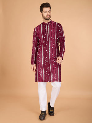 Rajwada Maroon Viscose Rayon Embroidered Stitched Kurta For Men