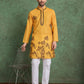Rajwada Mustard Rayon Printed and Embroidered Stitched Kurta For Men