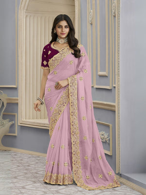 Rajwada Light Pink Georgette Embellished Elegant Saree For Women
