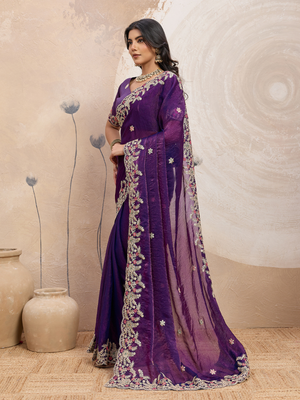Rajwada Purple Chiffon Embroidered Saree For Women