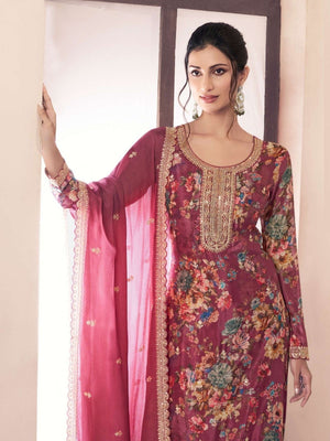 Rajwada Pink Chiffon Printed And Embroidered Semi Stitched Kurta Set For Women
