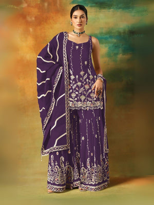 Rajwada Purple Georgette Embroidered Semi-Sitched Kurta Set For Women