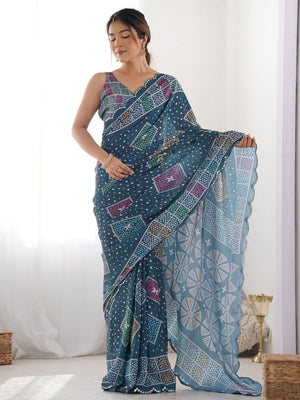 Rajwada Teal Blue Silk Blend Bandhini Print & Cutwork Saree For Women