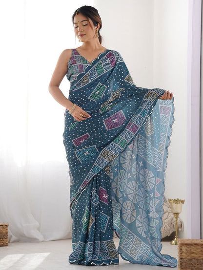 Rajwada Teal Blue Silk Blend Bandhini Print & Cutwork Saree For Women