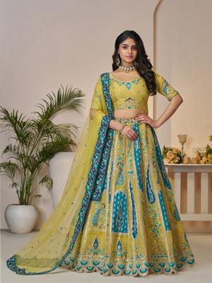 Rajwada Yellow Banarasi Silk Embroidered Semi-Stitched Lehenga For Women