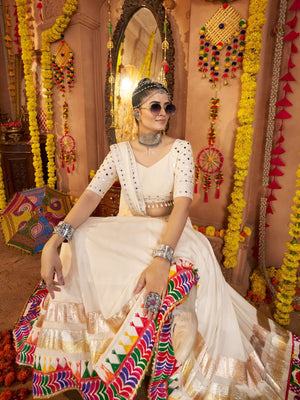 Rajwada Off White Viscose Rayon Embroidered Semi-Stitched lehenga With Stunning Tassels For Women