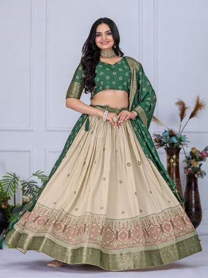 Rajwada Beige And Green Silk Blend Printed Semi-Stitched lehenga For Women