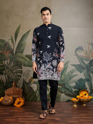 Rajwada Black Viscose Silk Embroidered Stitched Kurta For Men
