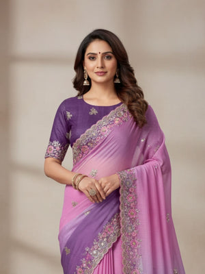 Rajwada Pink And Purple Georgette Embellished Solid Saree For Women